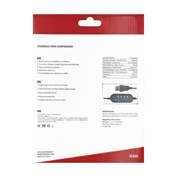 Diadema XUE® USB 2.0 G320 con MIC giratorio con control digital, Color Negro