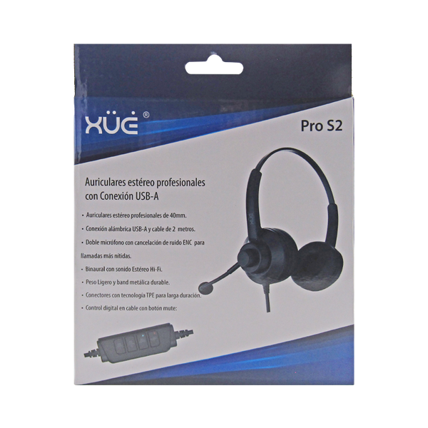 Diadema USB-A XUE® S2 Binaural, Metálica con Mic/Mute Button/Control en Cable 2M, color Negra