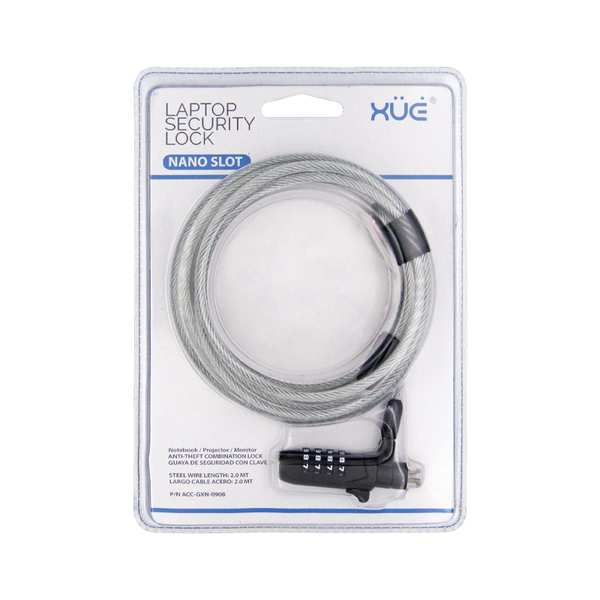 Guaya de Seguridad para portátil de 4-DIGITOS 2mts 4mm Slot NANO XUE® (Clave)