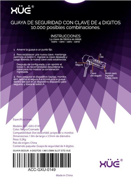 Guaya de seguridad para portátil de 4-Dígitos 1.8M 3.5MM SLOT STD XUE® (CLAVE) - PCS FOR ALL SAS