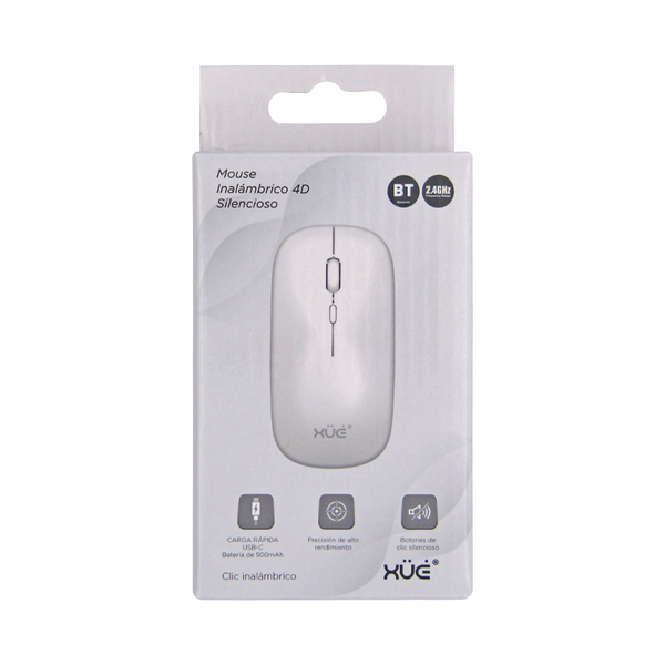 Mouse inalámbrico Silencioso 1WIRELESS 1600DPI 3-BOT 2.4GHZ + BT, BATT INT, USB-C BLANCO XUE®