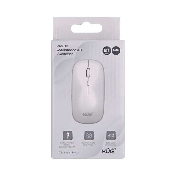 Mouse Inalámbrico Silencioso XUE 1600 DPI USB-C Blanco Bluetooth + 2.4GHz