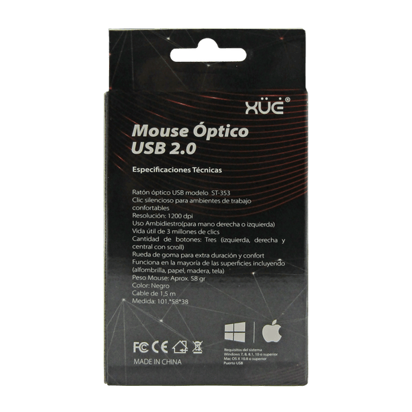 Mouse Óptico USB XUE ST-353 1200 DPI Negro con Botones Silenciosos