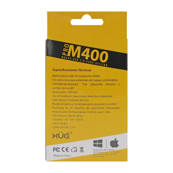 Mouse Óptico USB XUE PRO M400 1200 DPI Negro para Oficina