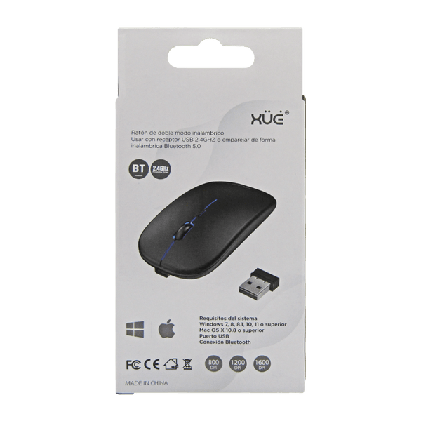 Mouse Inalámbrico Silencioso XUE 1600 DPI USB-C Negro Bluetooth + 2.4GHz
