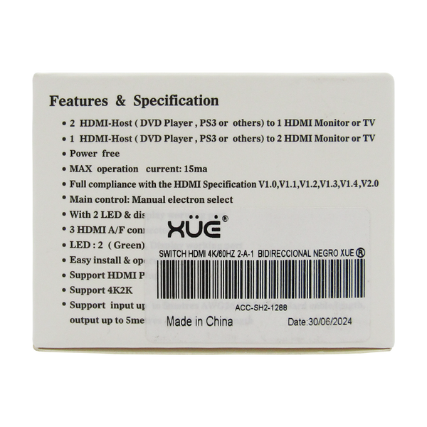 Switch HDMI 4K/60HZ 2-A-1 Bidireccional, color Negro, marca XUE®