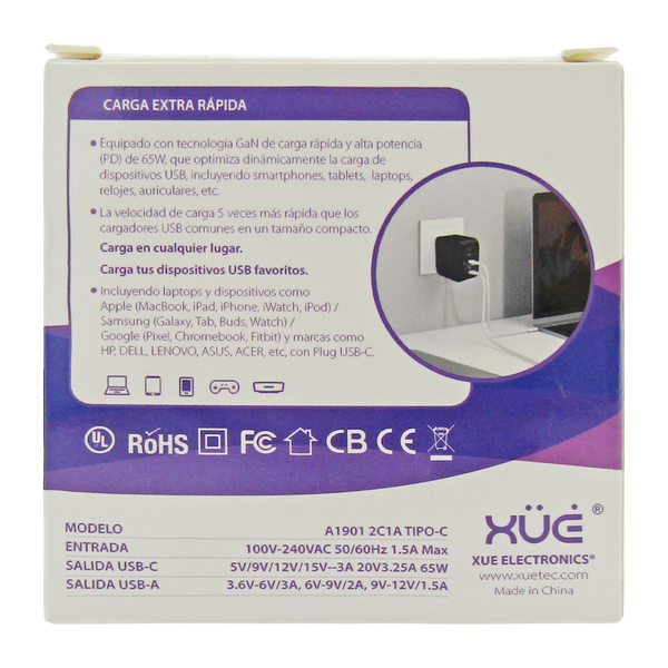 Cargador de corriente XUE® para portátil Type C GaN 20V-3.25A 15V/12V/9V/5V--3A 65W Negro / USB-C (Wall)