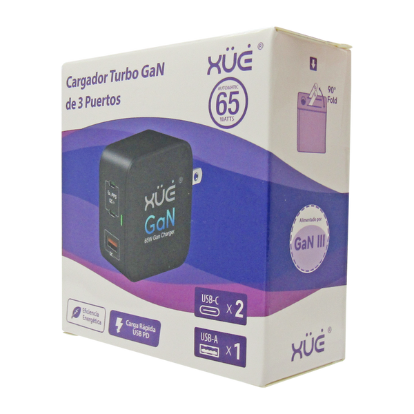 Cargador de corriente XUE® para portátil Type C GaN 20V-3.25A 15V/12V/9V/5V--3A 65W Negro / USB-C (Wall)