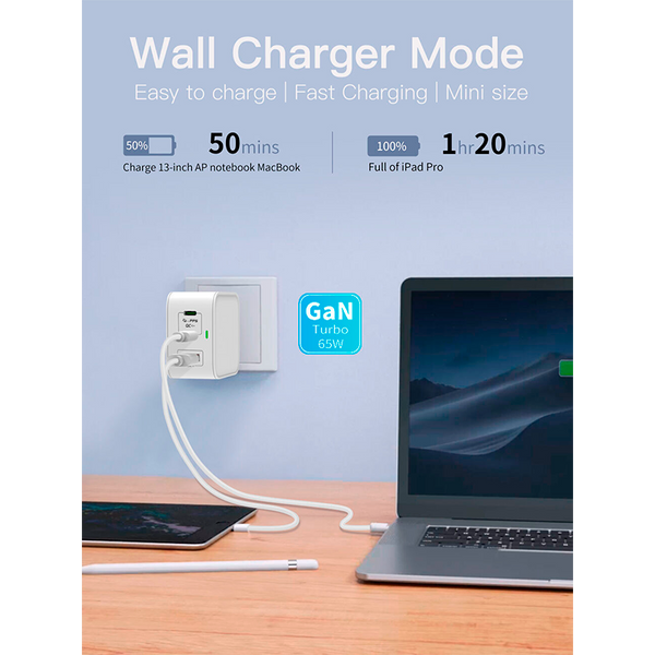 Cargador de corriente XUE® para portátil Type C GaN 20V-3.25A 15V/12V/9V/5V--3A 65W Negro / USB-C (Wall)