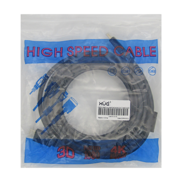Cable HDMI v2.0 2160p 5M Macho a HDMI Macho Negro 4K 3D 19+1 28AWG OD 7.3MM SIN FILTROS XUE®