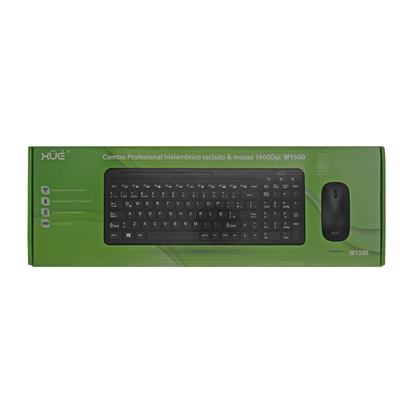 Combo Teclado Externo Wireless Compacto LATAM + Mouse 1600DPI, 2.4GHZ + BT 5.0, Batería 500MAH, USB-C, Color Negro, W1500 XUE®