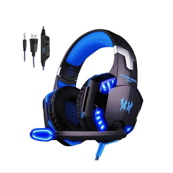 Diadema Gamer Kotion Each G2000 3.5mm y USB, mic giratorio, color negro/azul, auriculares confortables.