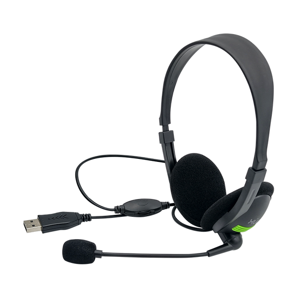 Diadema XUE® USB 2.0 H420 con Mic giratorio, color negro/verde c/control de volumen dial en cable