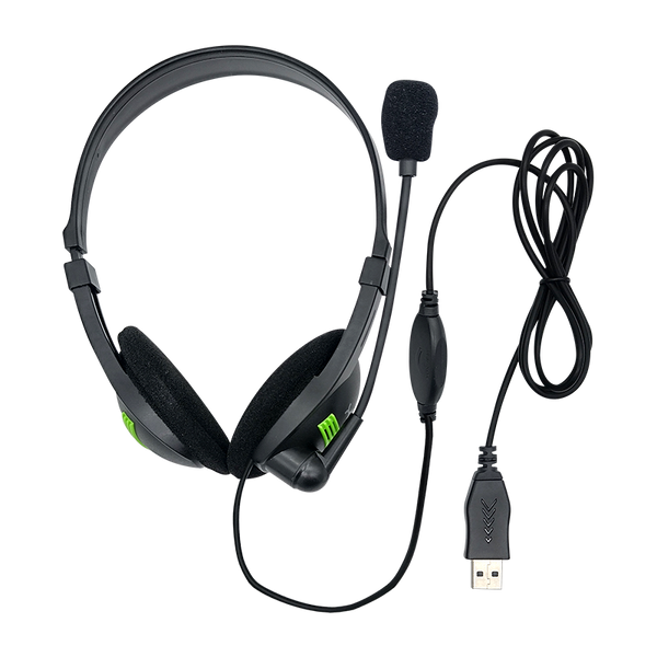 Diadema XUE® USB 2.0 H420 con Mic giratorio, color negro/verde c/control de volumen dial en cable
