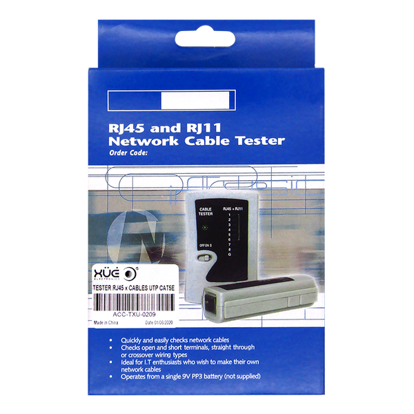 Tester para cables RJ45 UTP CAT5E y CAT6 marca XUE®