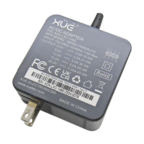Cargador de corriente XUE® para portátil Type-C 20V-3.25A/15V-3A/9V-2A/5V-2A 65W 1.5M / USB-C (Wall)