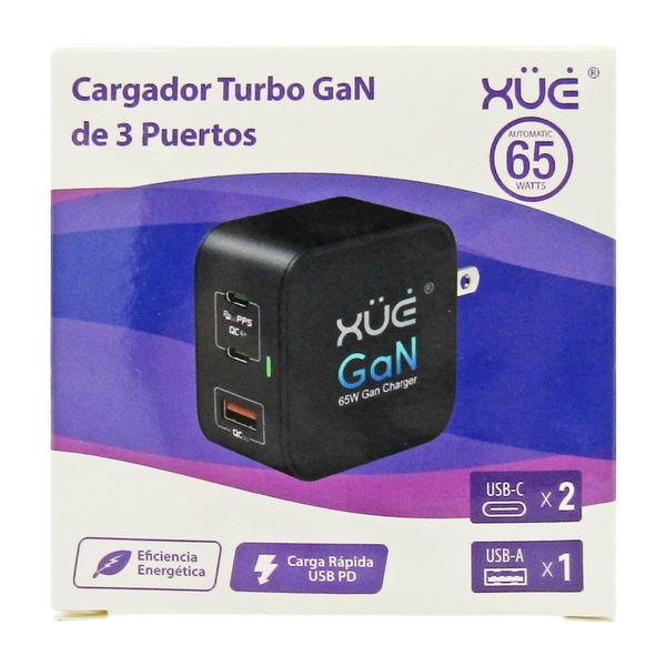 Cargador de corriente XUE® para portátil Type C GaN 20V-3.25A 15V/12V/9V/5V--3A 65W Negro / USB-C (Wall)