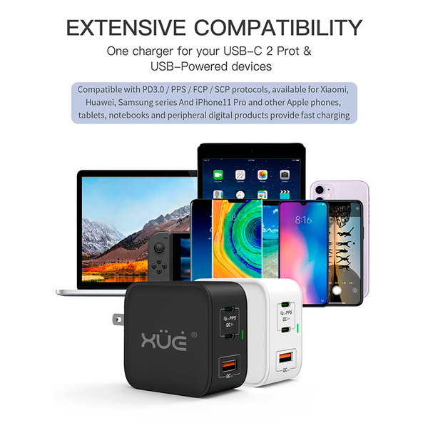 Cargador de corriente XUE® para portátil Type C GaN 20V-3.25A 15V/12V/9V/5V--3A 65W Negro / USB-C (Wall)