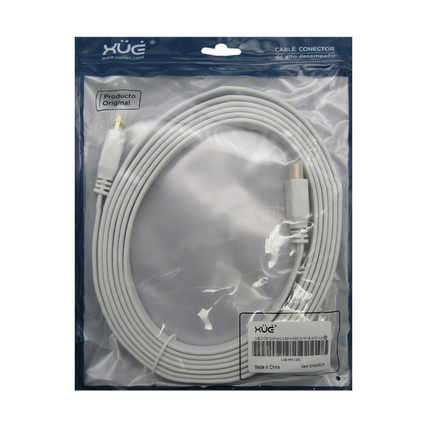 Cable HDMI V2.0 Plano 2160P 4K/60HZ 3M ARC 18Gbps Macho a HDMI Macho 19+1, color blanco, Marca XUE®