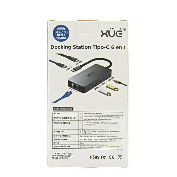 Docking Station XUE® 6-1 Tipo-C 3.1 Gen2 a USB3.2 (10Gbps)*3 + HDMI 4K@60Hz + PD 100W + RJ45 1000Mbps, color gris