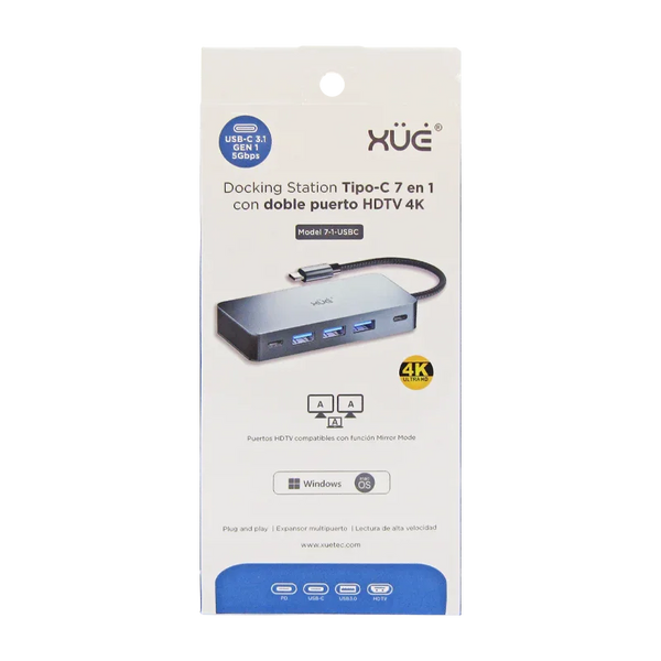 Docking Station 7-1 TIPO-C 3.1 Gen1 a 2 * HDMI 4K + PD 100W + 3*USB3.0 + USB-C (5GBPs), Color Gris, Marca  XUE®