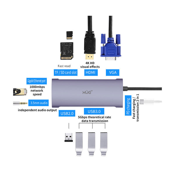 Docking Station XUE® 11 en 1 USB-C 3.0 a Gigabit, VGA, Audio 3.5mm, 4K HDMI, PD, Hub 3*USB 3.0, 1*USB 2.0 + Lector micro SD