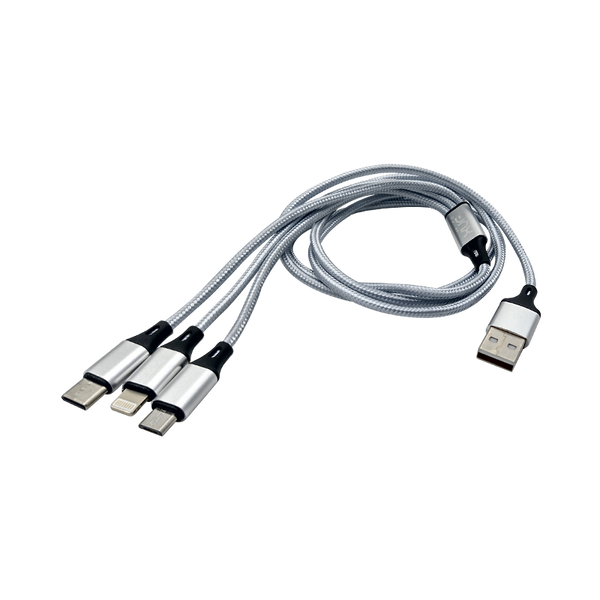 Convertidor USB-A a Triple conexión 2A 1m Lightning + USB-C + micro USB color Gris recubierto en nylon