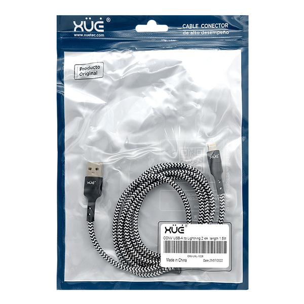 Convertidor USB-A a Lightning 2.4A 1.5m color Negro recubierto en nylon (para Carga y Datos) XUE®