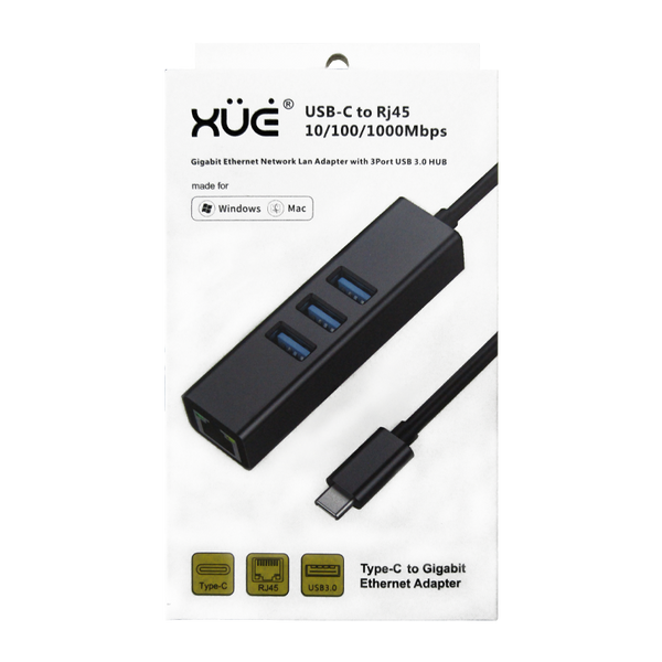 Convertidor USB-C 3.1 a Ethernet Gigabit USB 3.0 HUB (Mac OS 10) Negro marca XUE®