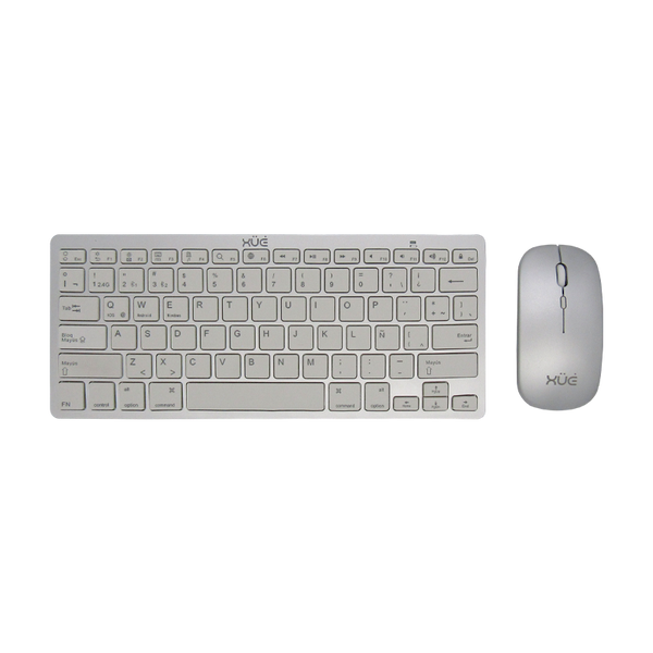 COMBO TECLADO INALAMBRICO DESKTOP LATAM + MOUSE 1600DPI, PLATEADO,  2 EN 1 2.4G & BLUETOOTH 5.0, XUE®